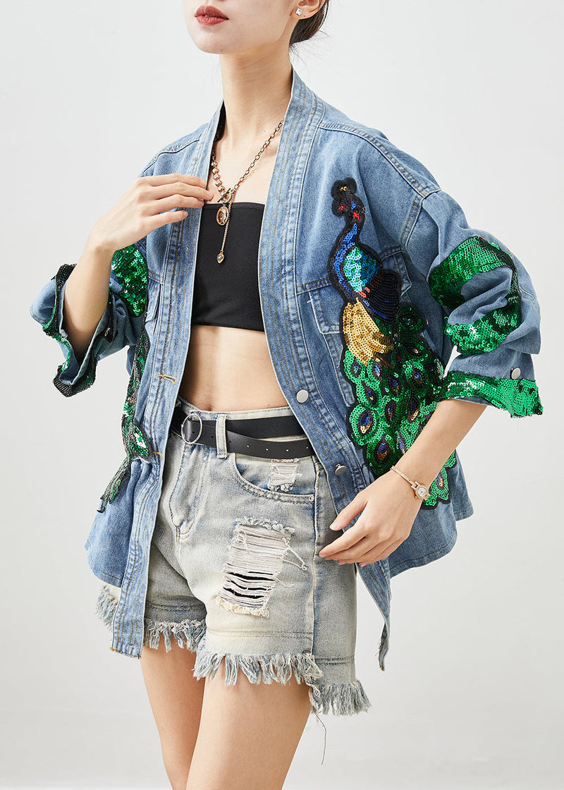 Blue Peacock Sequins Elastic Waist Denim Coats Fall