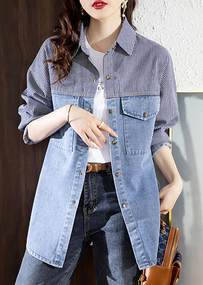Blue Peter Pan Collar Striped Patchwork Button Denimn Coats Fall