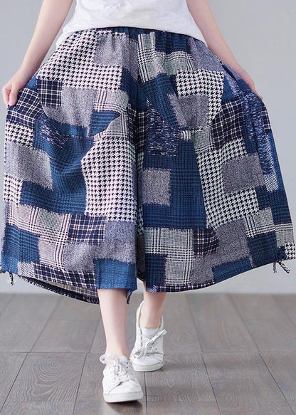 Blue Plaid Cinched Summer Cotton Linen Pants