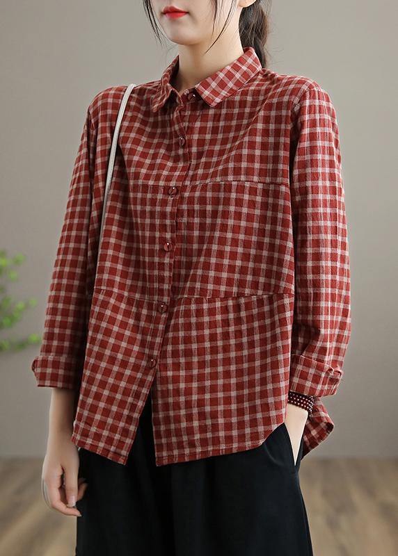 Bohemian Blue Plaid Top Silhouette Lapel Patchwork Short Spring Tops