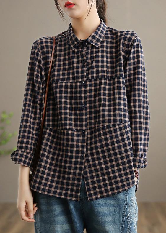 Bohemian Blue Plaid Top Silhouette Lapel Patchwork Short Spring Tops