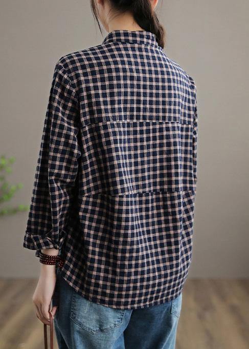 Bohemian Blue Plaid Top Silhouette Lapel Patchwork Short Spring Tops