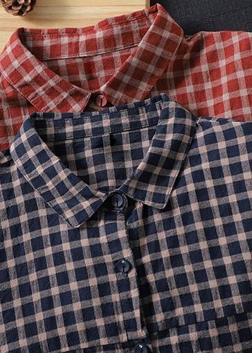 Bohemian Blue Plaid Top Silhouette Lapel Patchwork Short Spring Tops