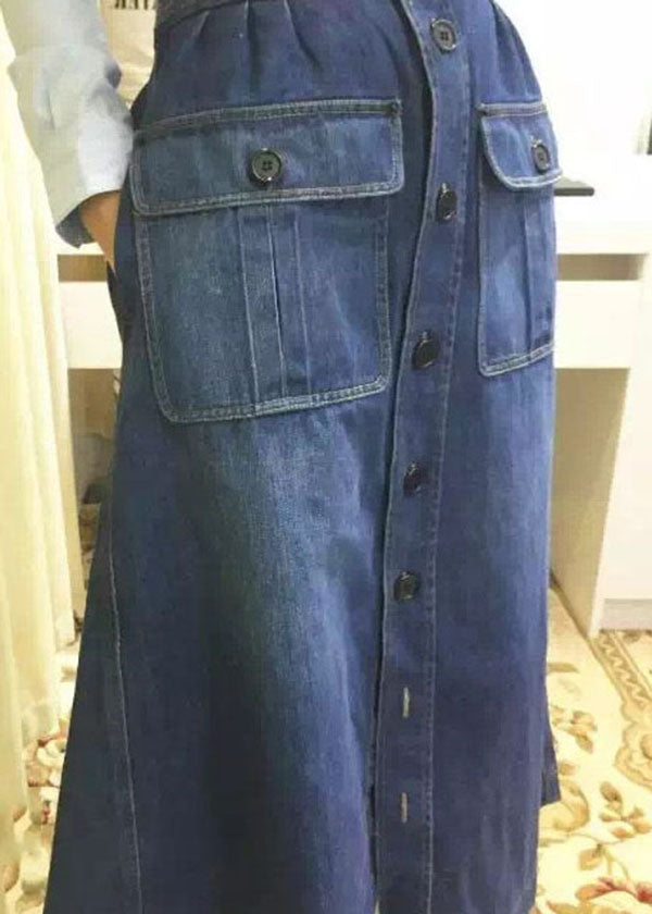 Blue Pockets Button Patchwork Denim Maxi Skirt Summer