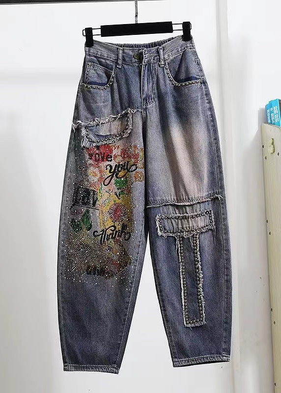 Blue Pockets Diy Zircon Rivet Denim Pants Spring