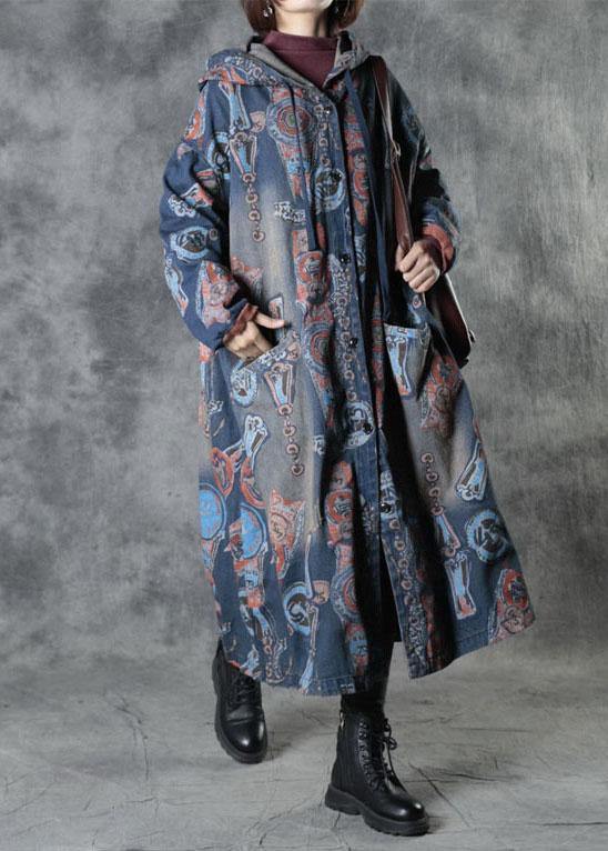Blue Pockets Fall Button Hoodies Outwear Long Sleeve