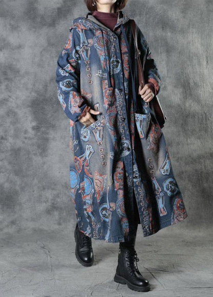 Blue Pockets Fall Button Hoodies Outwear Long Sleeve