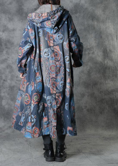 Blue Pockets Fall Button Hoodies Outwear Long Sleeve
