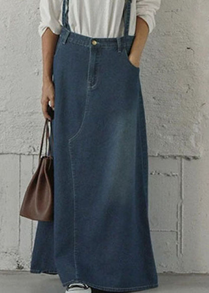Blue Pockets Patchwork Denim Maxi Skirts Spring