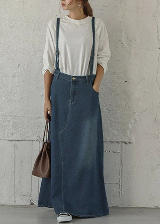 Blue Pockets Patchwork Denim Maxi Skirts Spring