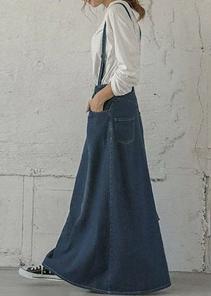 Blue Pockets Patchwork Denim Maxi Skirts Spring