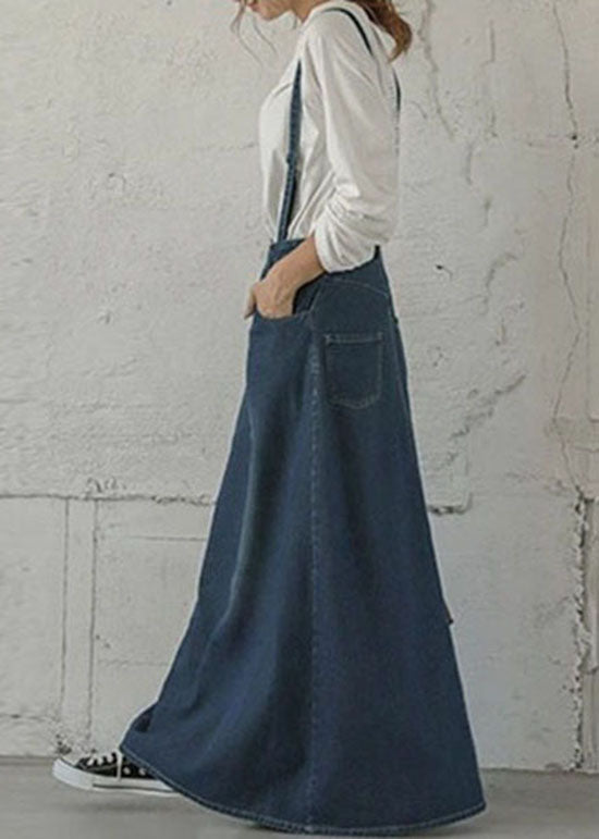 Blue Pockets Patchwork Denim Maxi Skirts Spring
