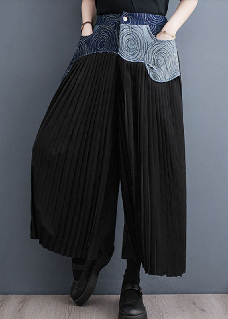 Blue Pockets Wrinkled Denim Patchwork Cotton Wide Leg Pants Skirt Summer