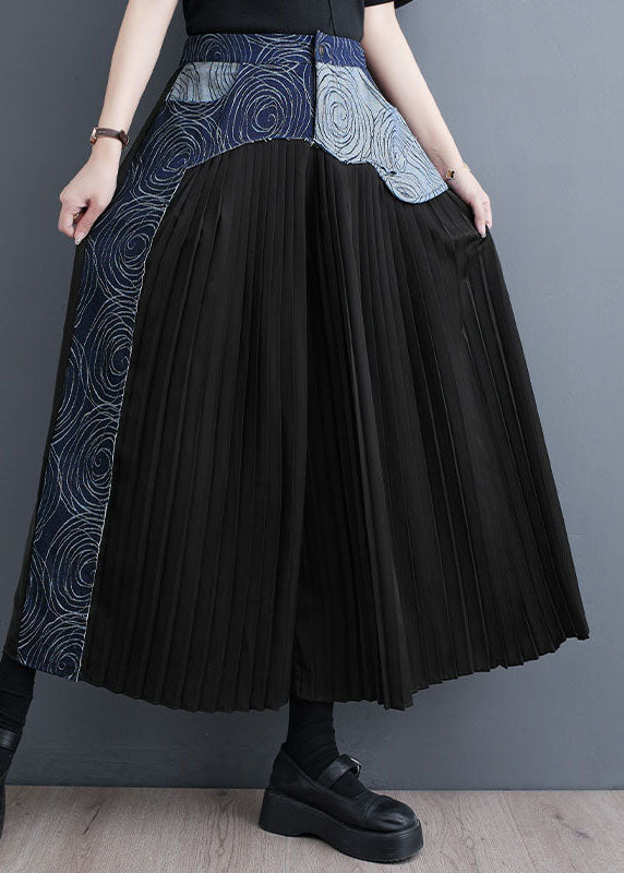 Blue Pockets Wrinkled Denim Patchwork Cotton Wide Leg Pants Skirt Summer