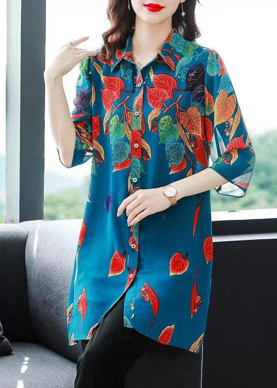 Blue Print Button Patchwork Chiffon Shirts Tops Bracelet Sleeve