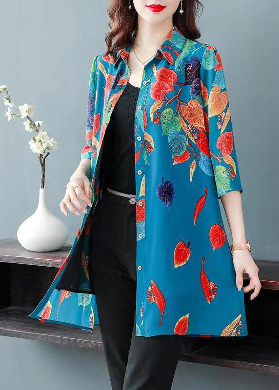 Blue Print Button Patchwork Chiffon Shirts Tops Bracelet Sleeve
