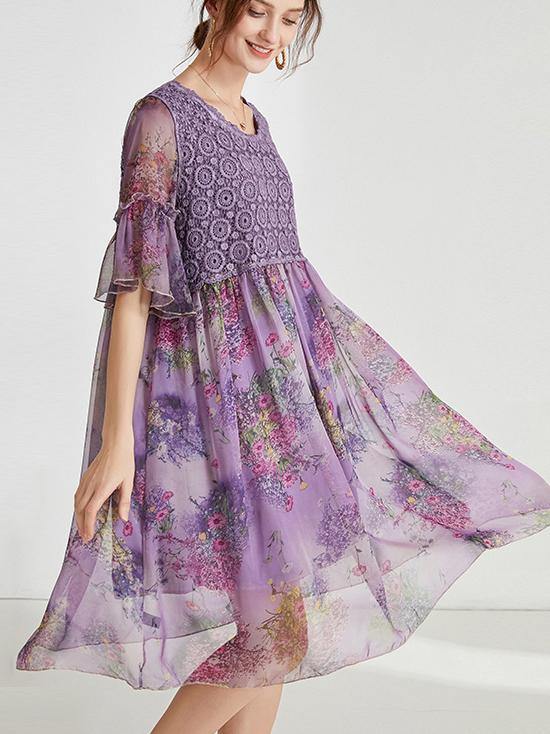 Blue Print Chiffon Patchwork Summer Dresses