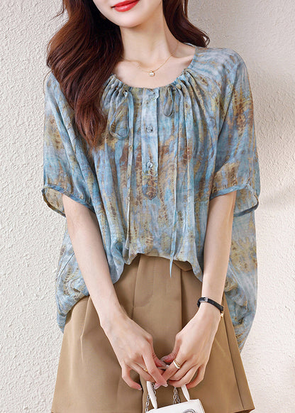 Blue Print Drawstring Cotton Tops Summer