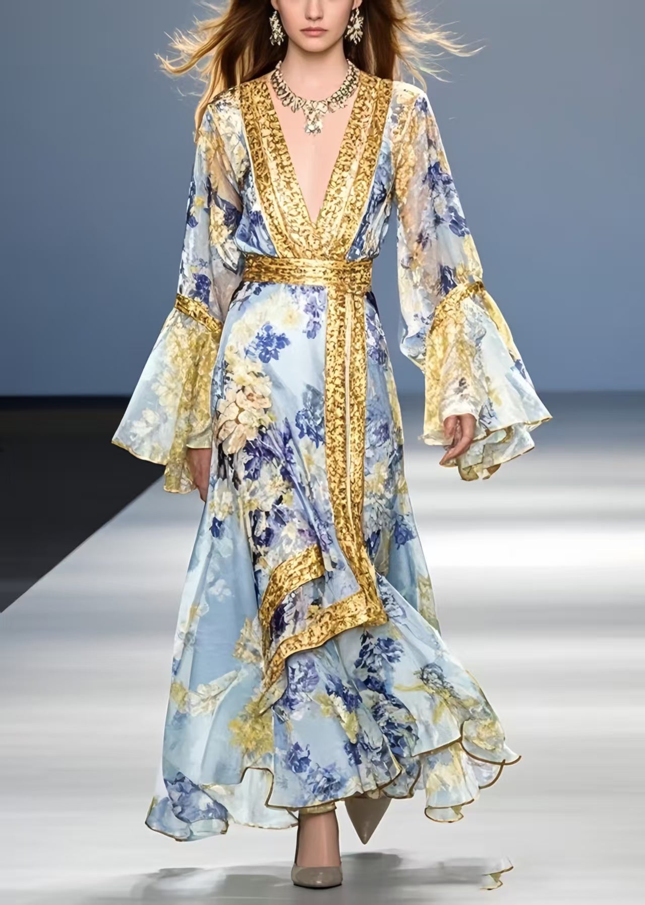 Blue Print Patchwork Chiffon Holiday Dress Flare Sleeve