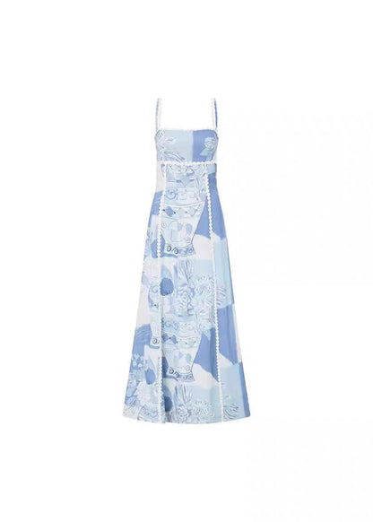 Blue Print Patchwork Long Spaghetti Strap Dress Summer