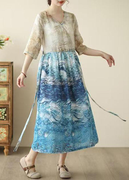 Blue Print Patchwork Tunic Dresses Summer