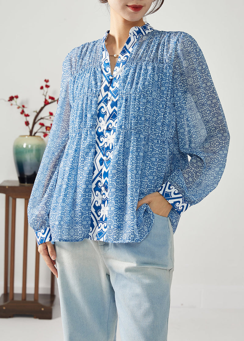 Blue Print Patchwork Wrinkled Chiffon Blouses Spring