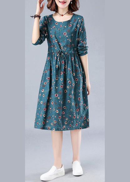 Blue Print Robes O Neck Drawstring Daily Spring Dresses