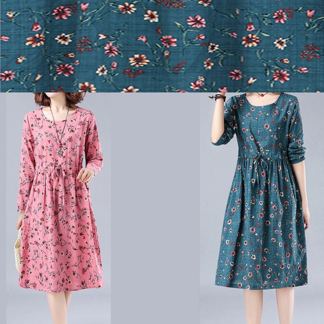 Blue Print Robes O Neck Drawstring Daily Spring Dresses