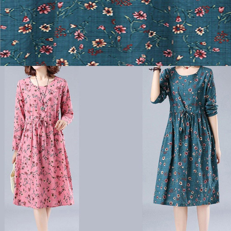 Blue Print Robes O Neck Drawstring Daily Spring Dresses