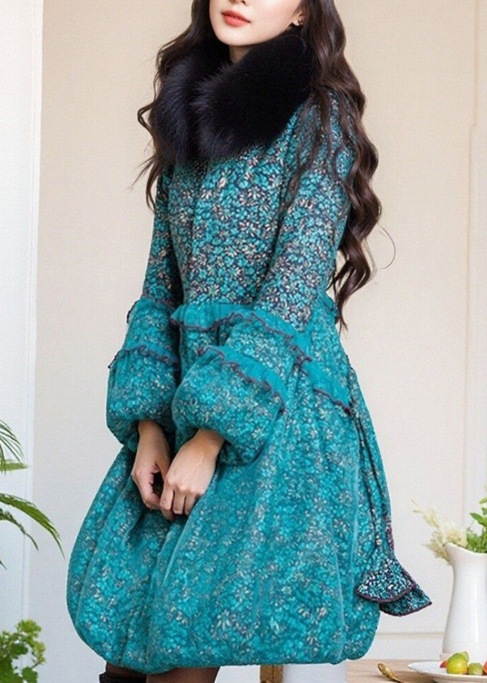 Blue Print Ruffled Patchwork Fine Cotton Filled Coat Winter
