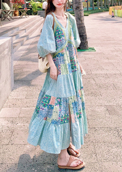 Blue Print Side Open Patchwork Cotton Maxi Dresses Half Sleeve