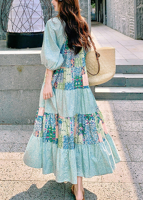 Blue Print Side Open Patchwork Cotton Maxi Dresses Half Sleeve