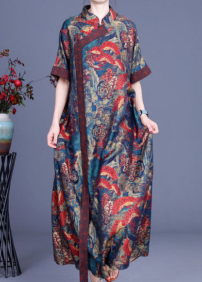 Blue Print Silk Robe Dresses Spring