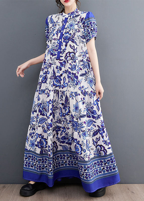 Blue Print Stand Collar Chiffon Long Dress Lantern Sleeve