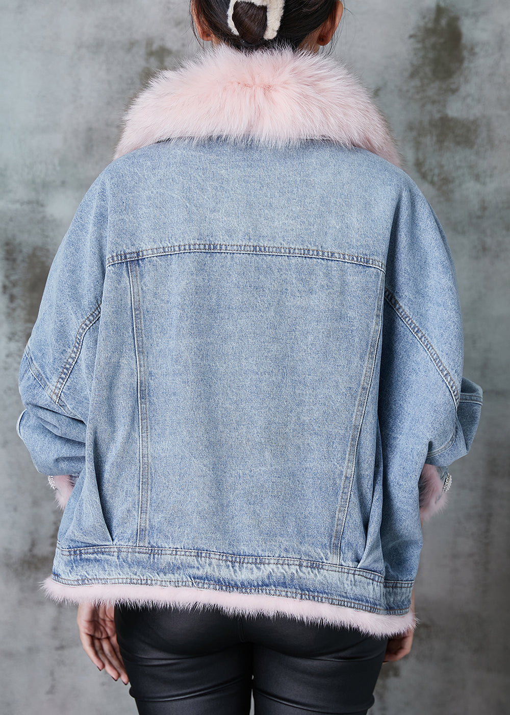 Blue Raccoon Hair Collar Patchwork Fine Cotton Filled Denim Jackets Winter