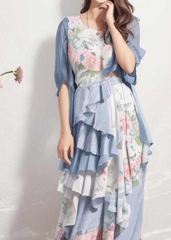 Blue Ruffled Print Patchwork Silk Dresses Summer