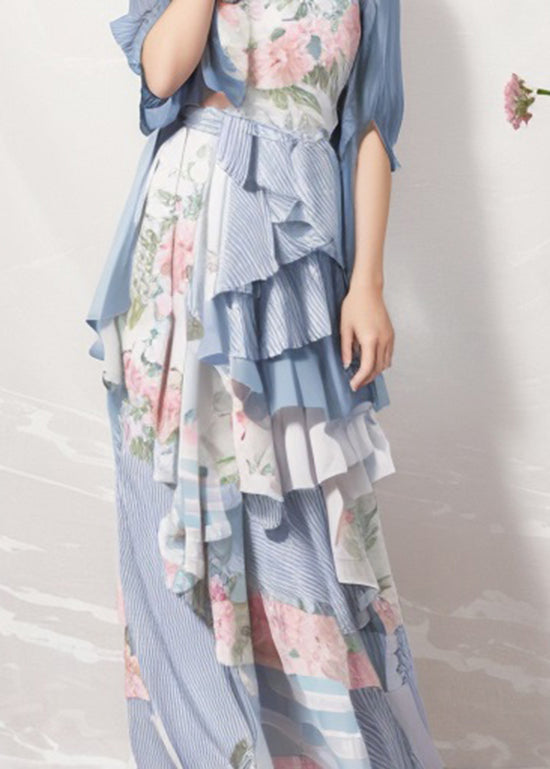 Blue Ruffled Print Patchwork Silk Dresses Summer