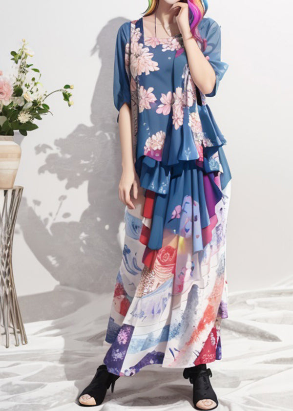 Blue Ruffled Print Patchwork Silk Long Dresses Summer