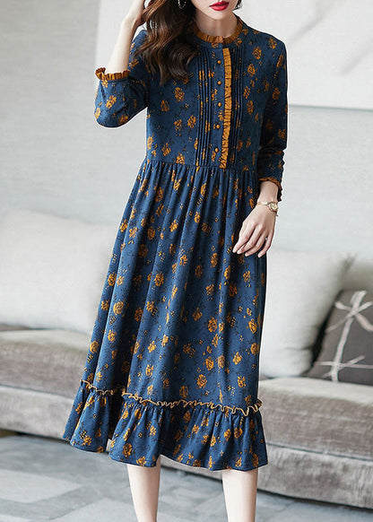 Blue Ruffled Print Wrinkled Cotton Dress Bracelet Sleeve