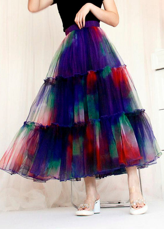 Blue Ruffled Tie Dye Tulle Skirt Spring