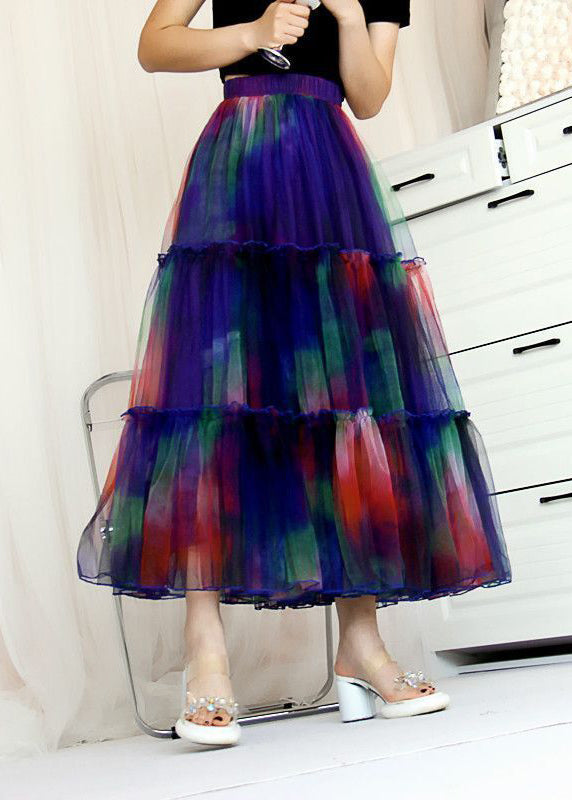 Blue Ruffled Tie Dye Tulle Skirt Spring