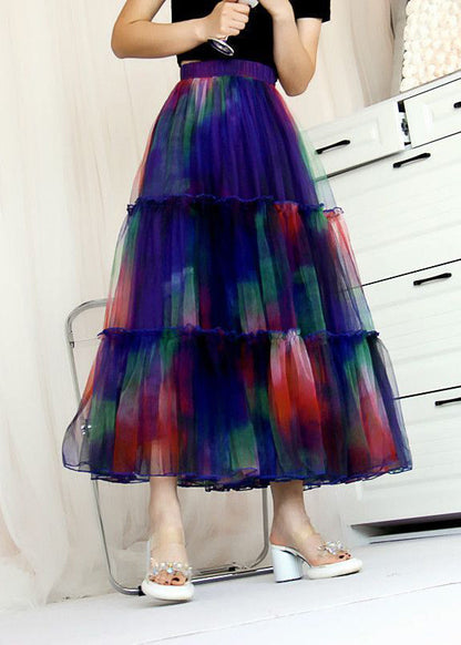 Blue Ruffled Tie Dye Tulle Skirt Spring
