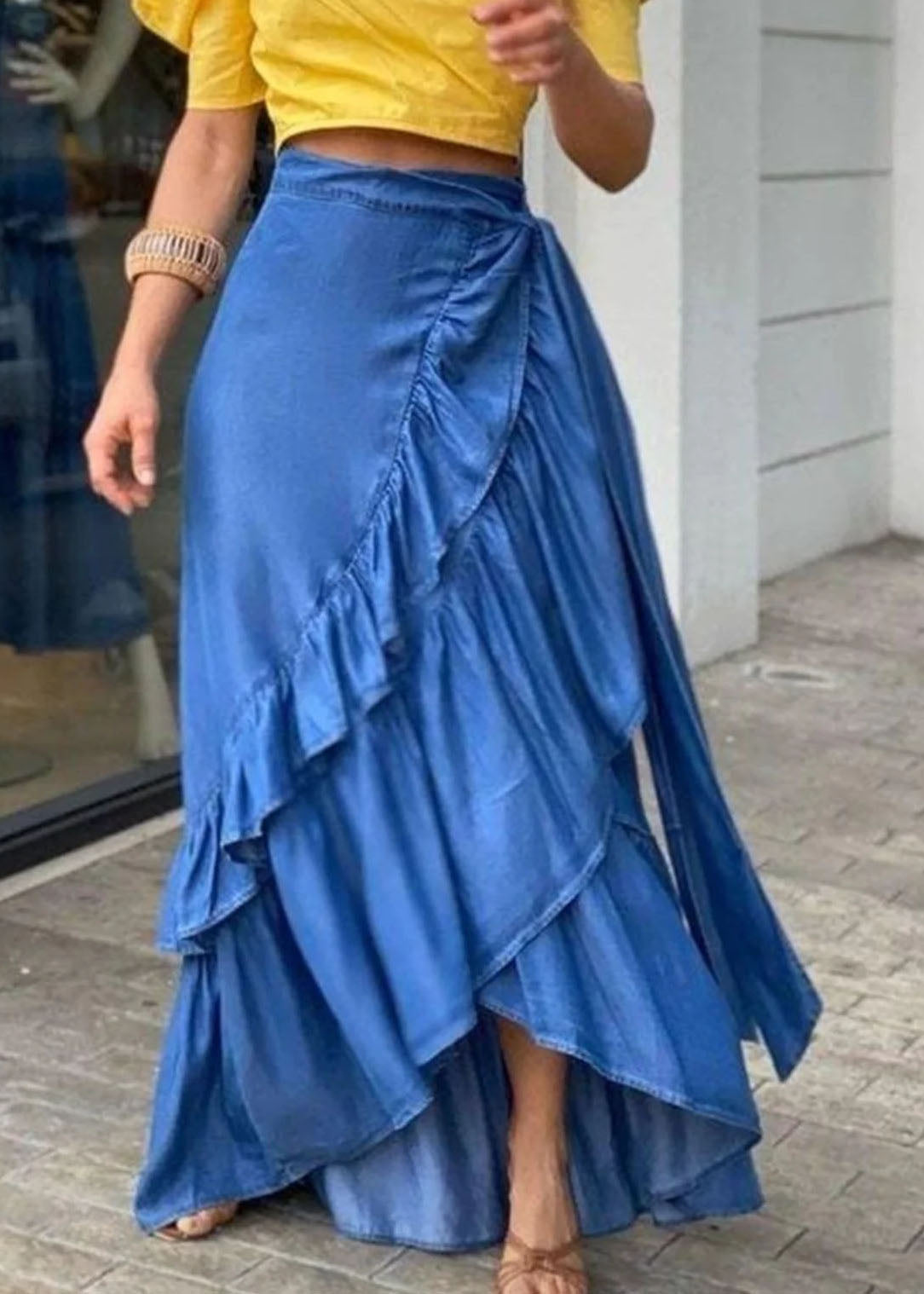 Blue Ruffled Tie Waist Patchwork Denim Skirts Summer