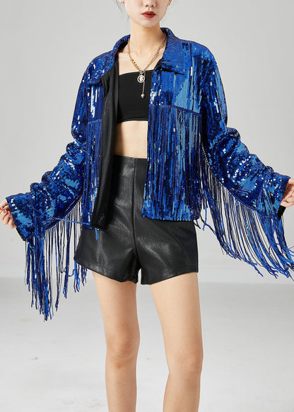 Blue Sequins Patchwork Tassel Coats Summer