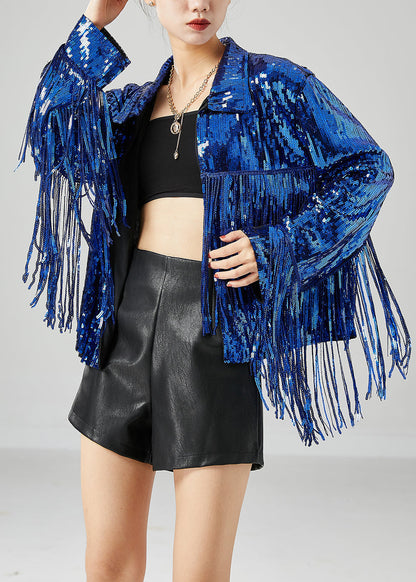 Blue Sequins Patchwork Tassel Coats Summer