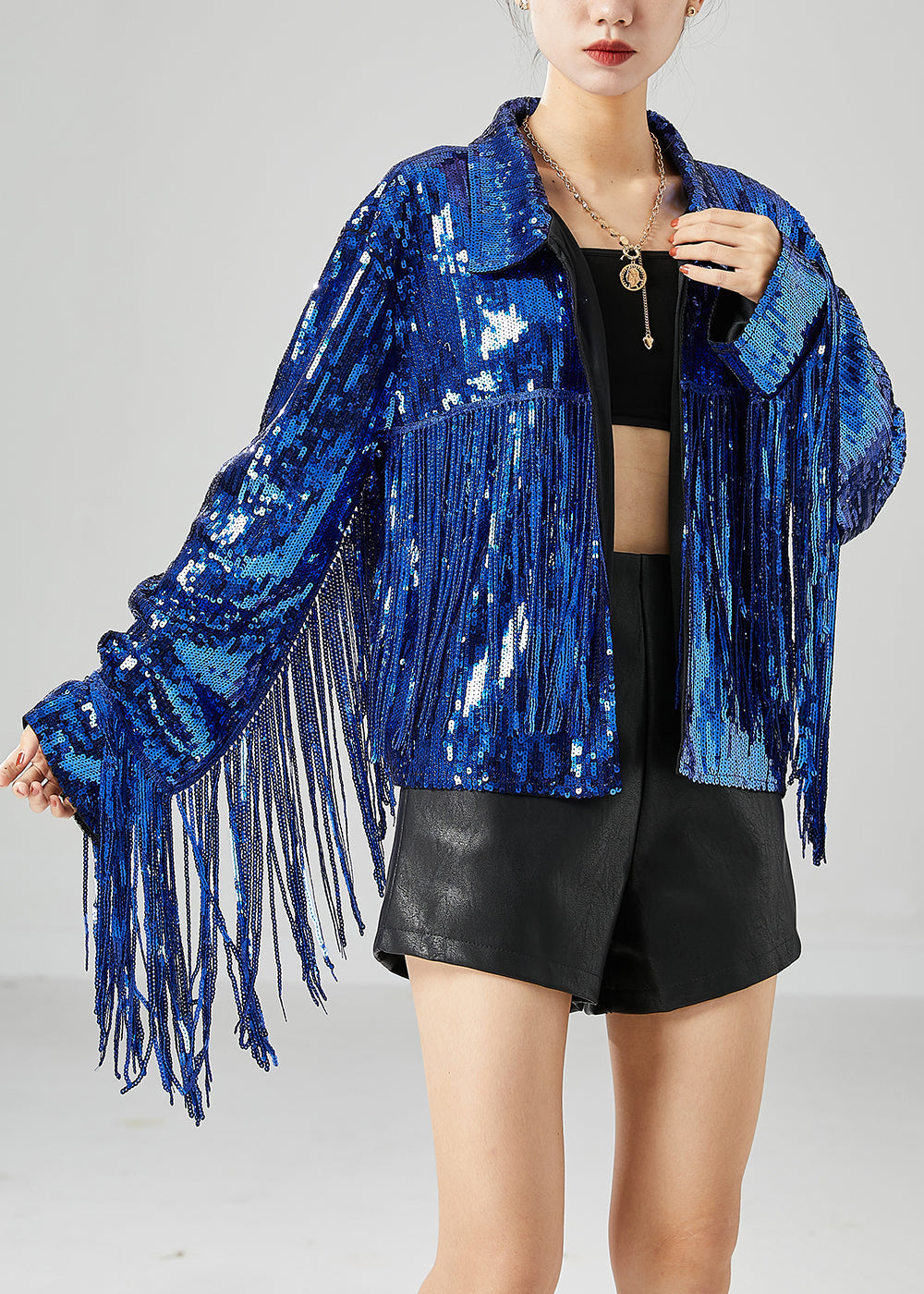 Blue Sequins Patchwork Tassel Coats Summer