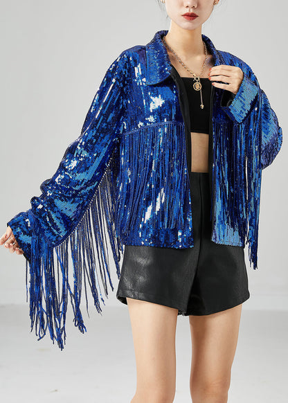 Blue Sequins Patchwork Tassel Coats Summer