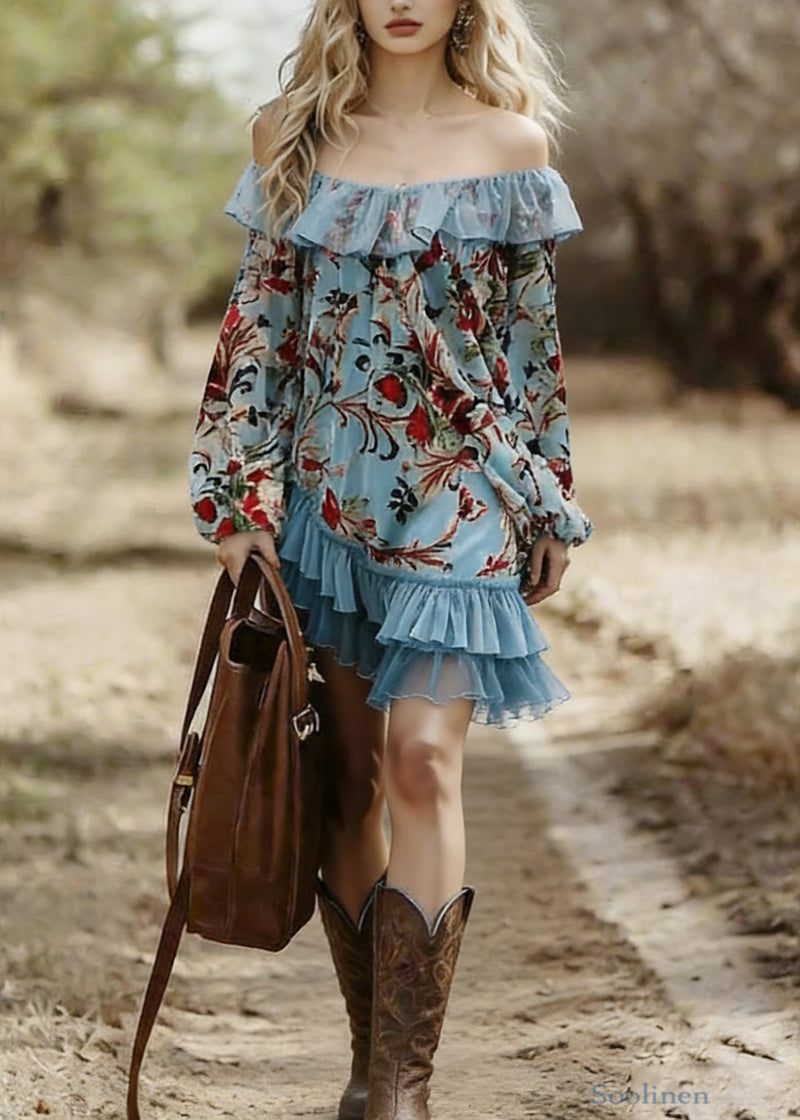 Blue Slash Neck Print Wrinkled Patchwork Mid Dress Spring