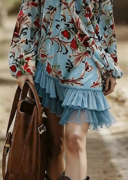 Blue Slash Neck Print Wrinkled Patchwork Mid Dress Spring