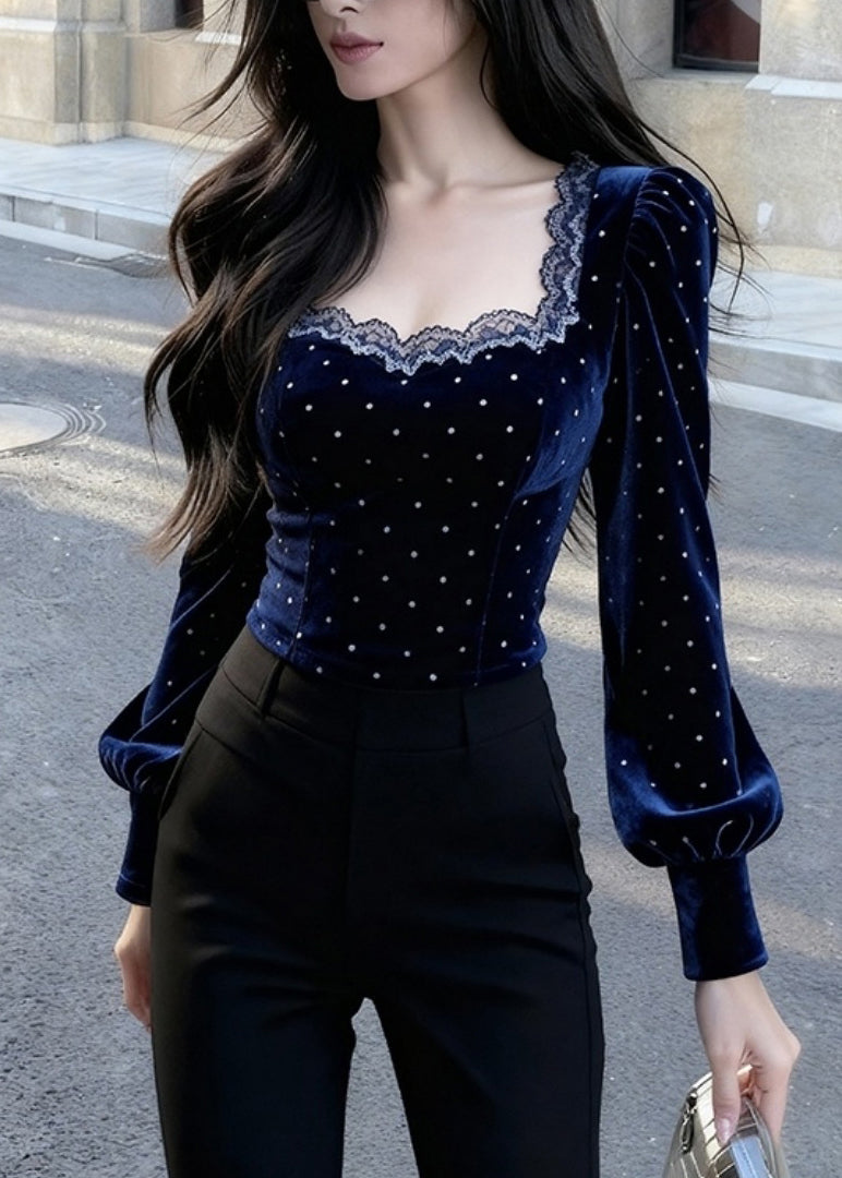 Blue Square Collar Lace Patchwork Silk Velour Tops Spring